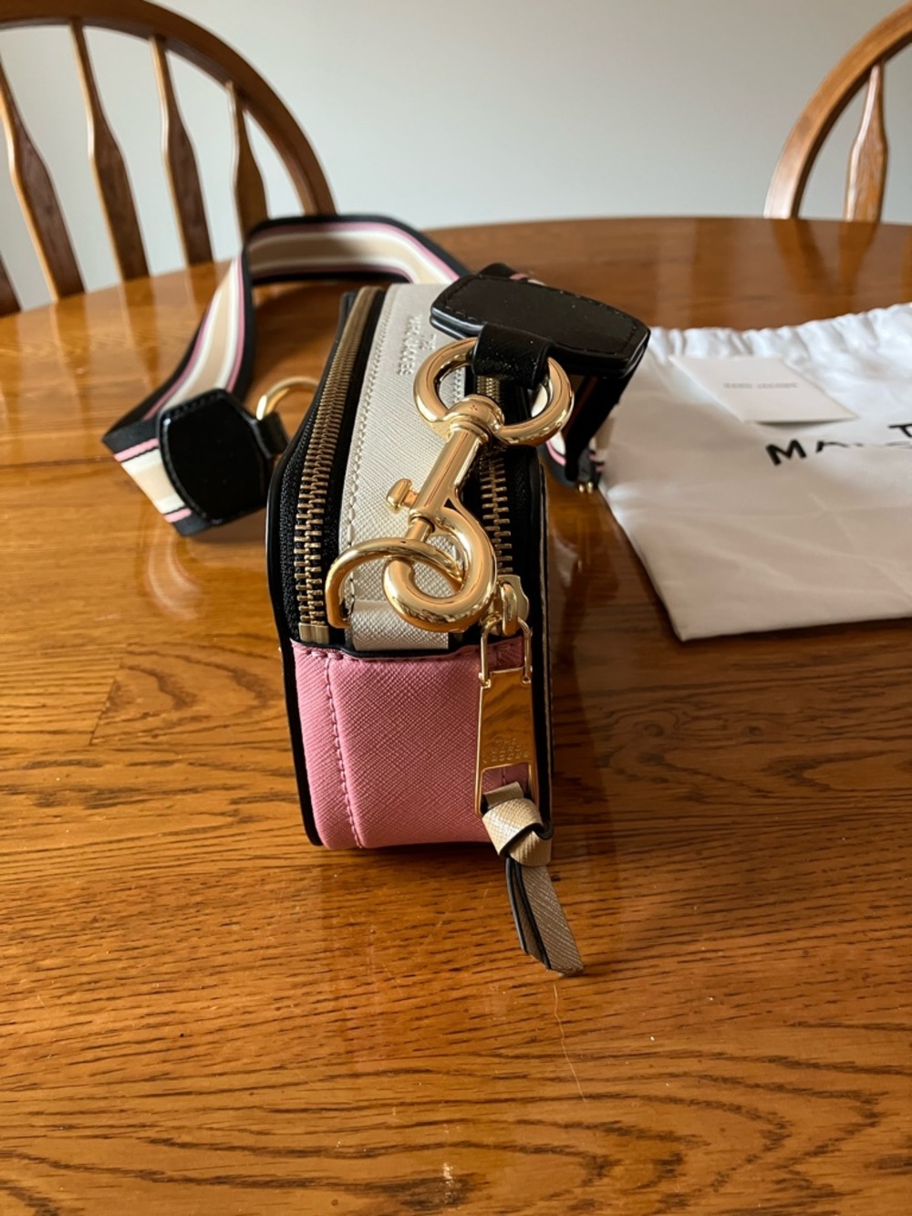 Marc Jacobs Tan Pink Ivory Black Snapshot Crossbody Striped Adjustable Strap - Picture 5 of 10